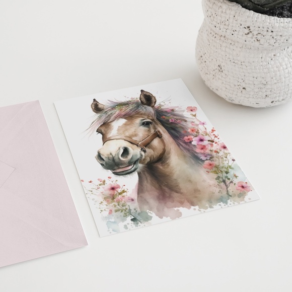 Watercolor Cute Floral Horse Wall Art Illustration Print Poster Unframed - Picture 6 of 6
